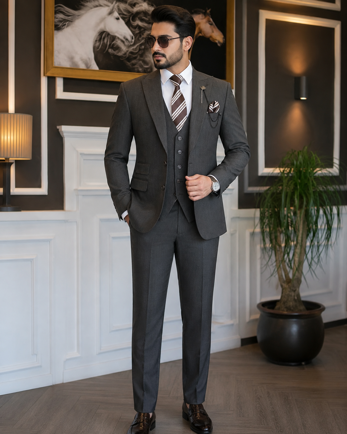 Charcoal Grey 3-Piece Suit with Classic Brown Striped Tie