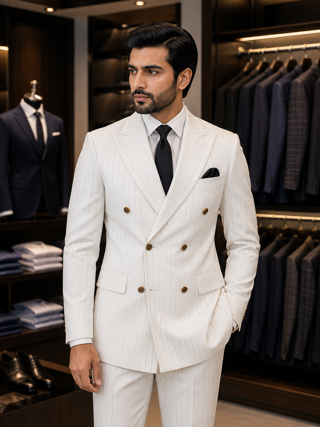 Ivory White Pinstripe Double-Breasted Suit