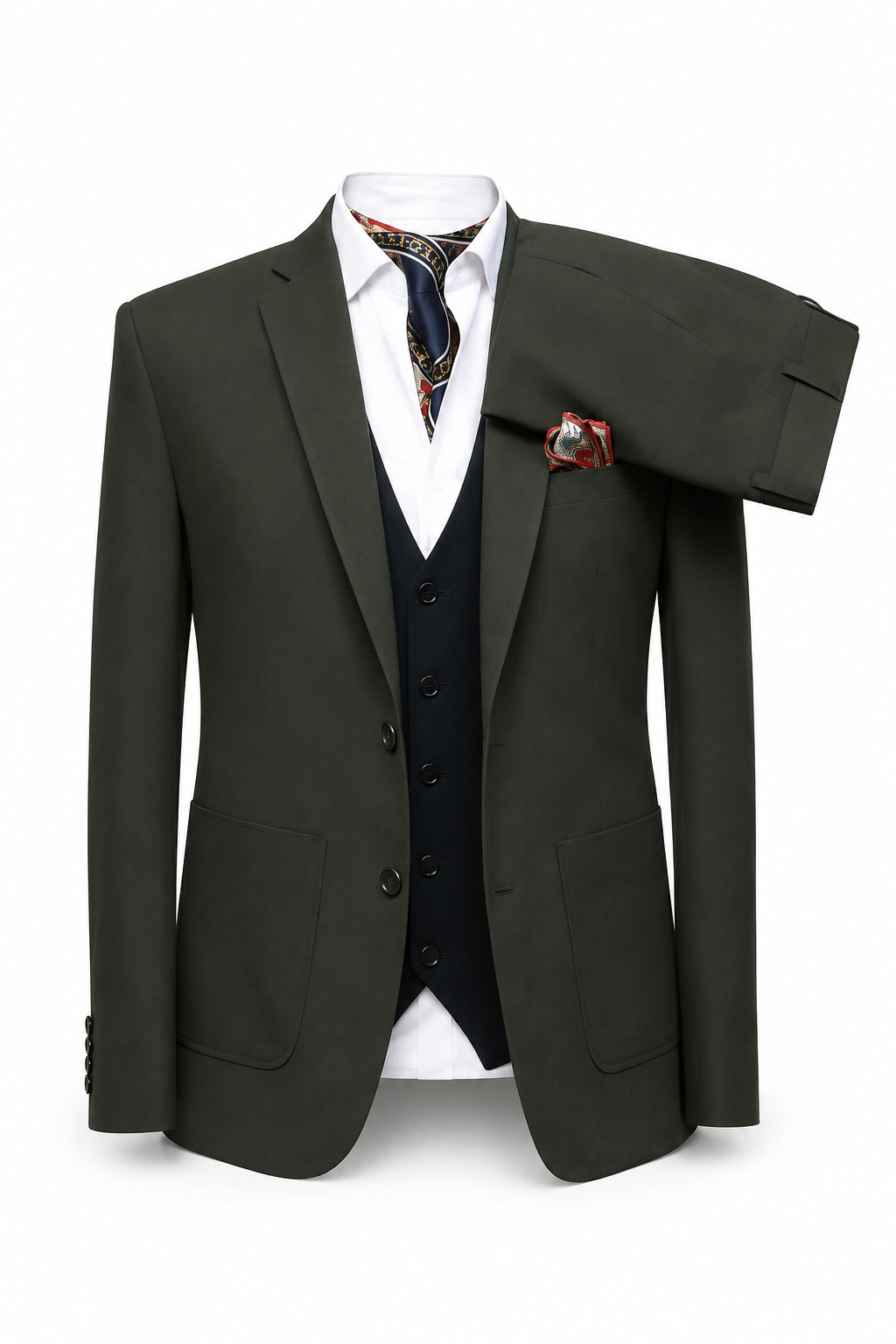 Dark Olive Green 3-Piece Suit with Notched Lapels