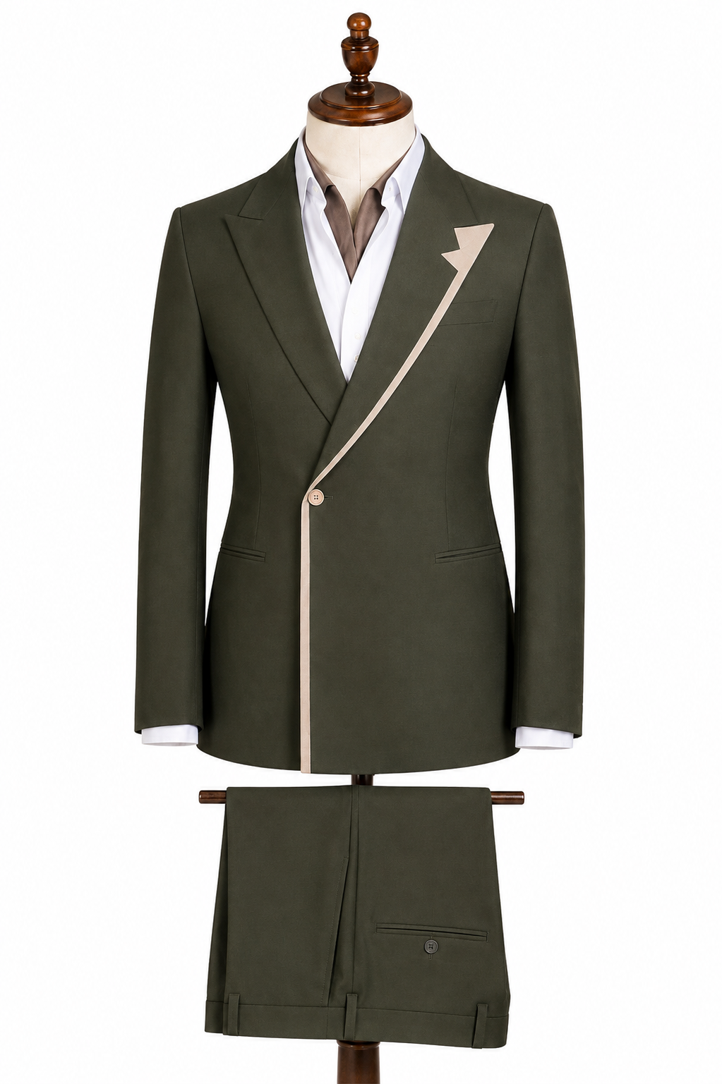 Olive Green 2-Piece Suit with Contrast Piping