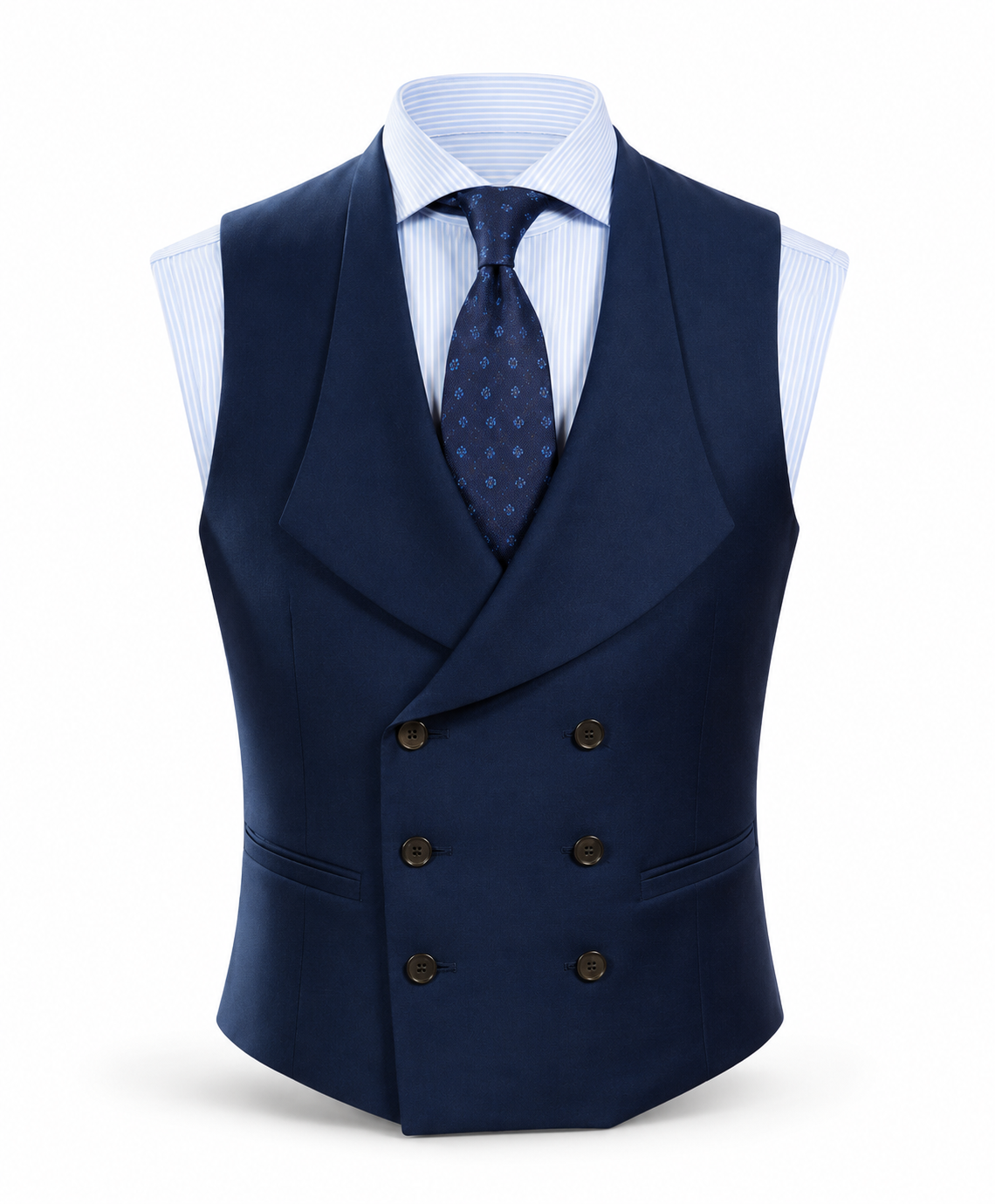 Navy Blue Double-Breasted Waistcoat with Shirt & Tie