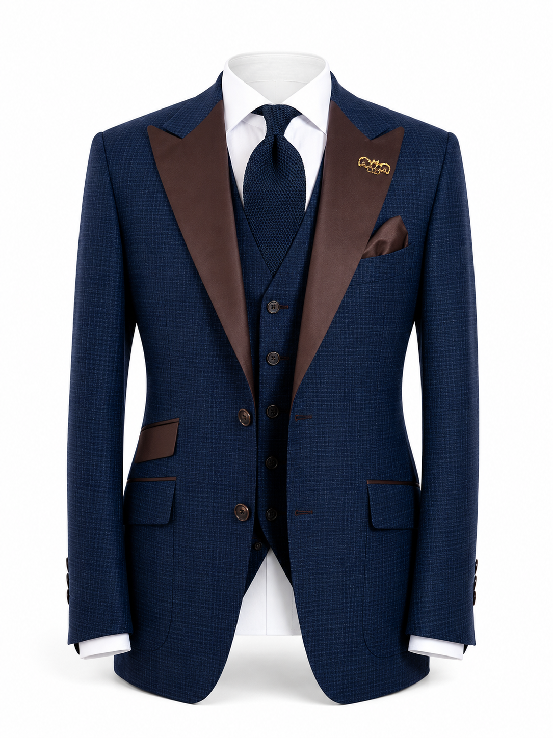 Navy Blue 3-Piece Suit with Brown Peak Lapels