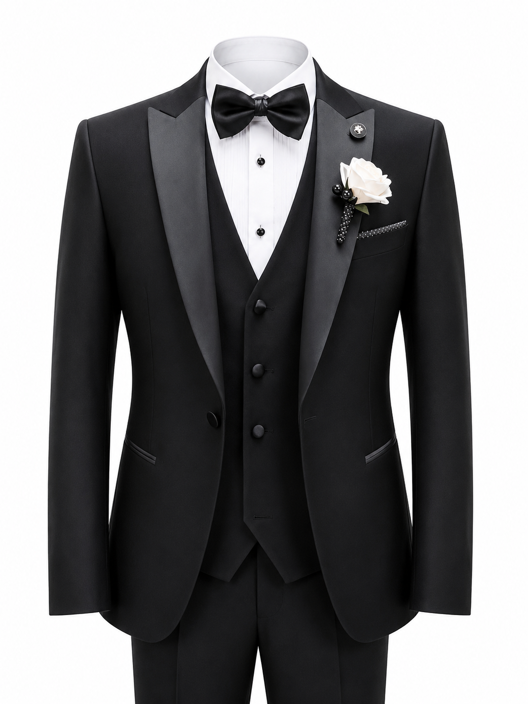 Classic Black 3-Piece Tuxedo with Satin Peak Lapels