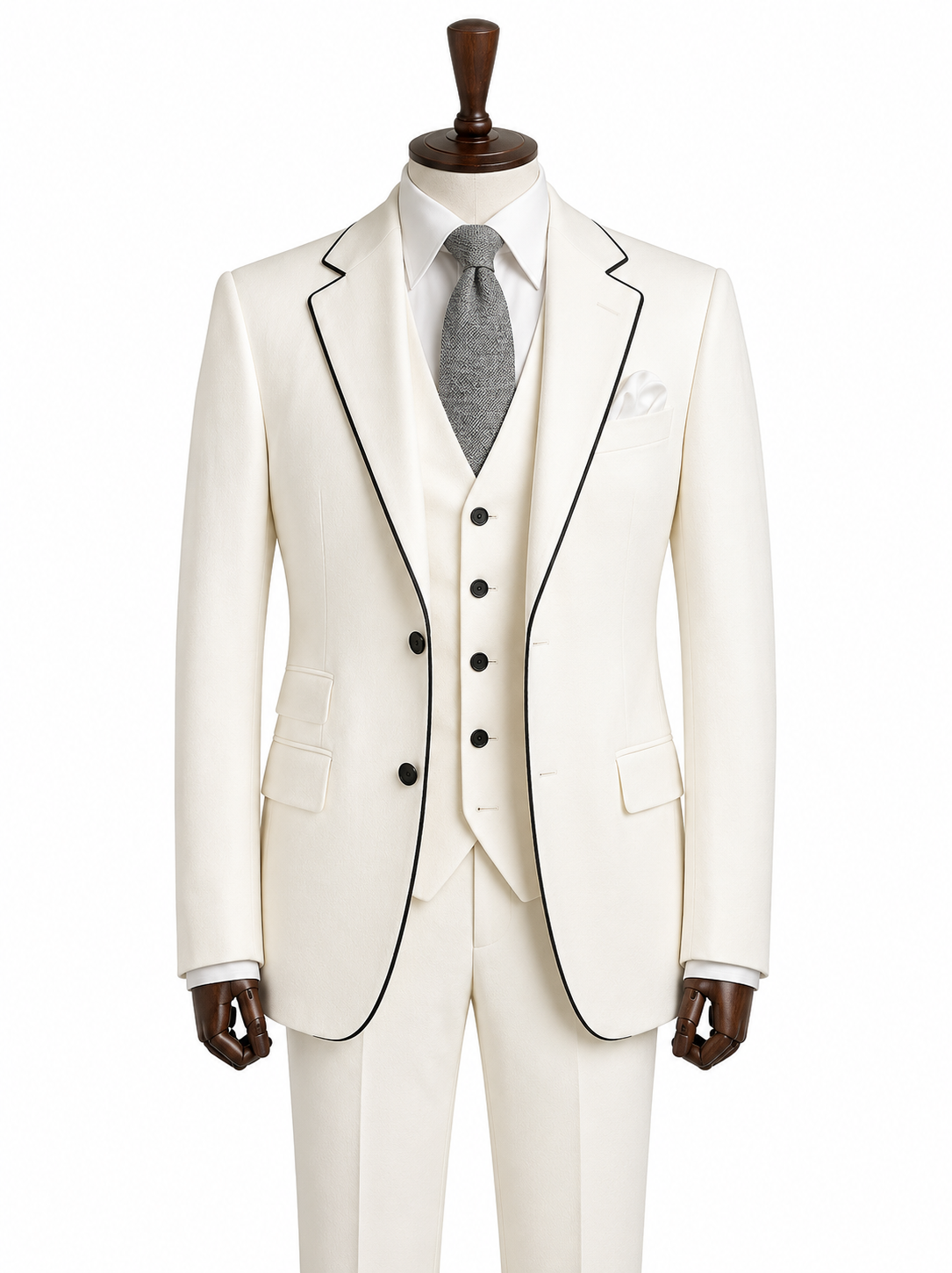 Ivory White 3-Piece Suit with Contrast Piping