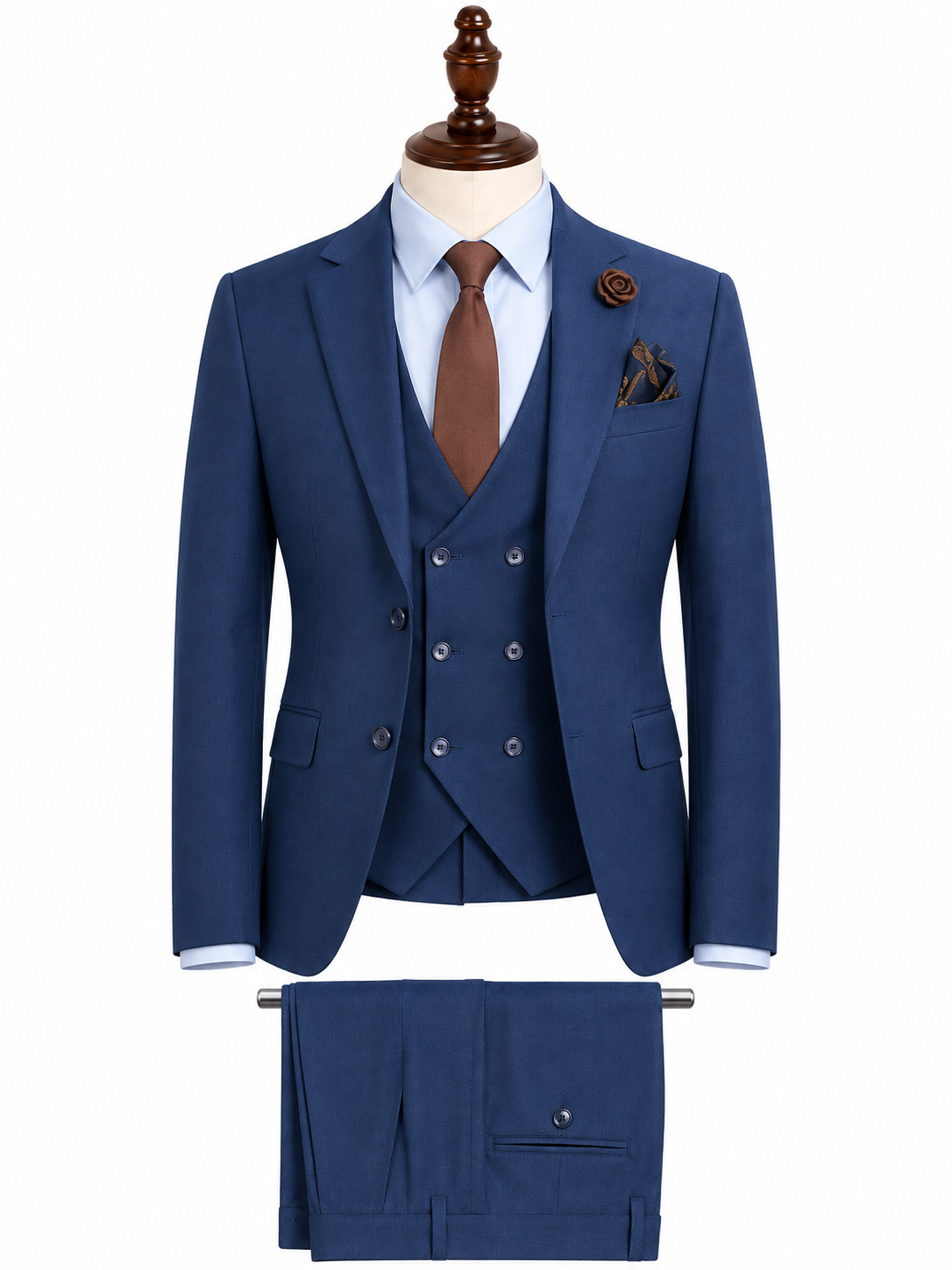 Royal Navy Blue 3-Piece Suit with Double-Breasted Waistcoat