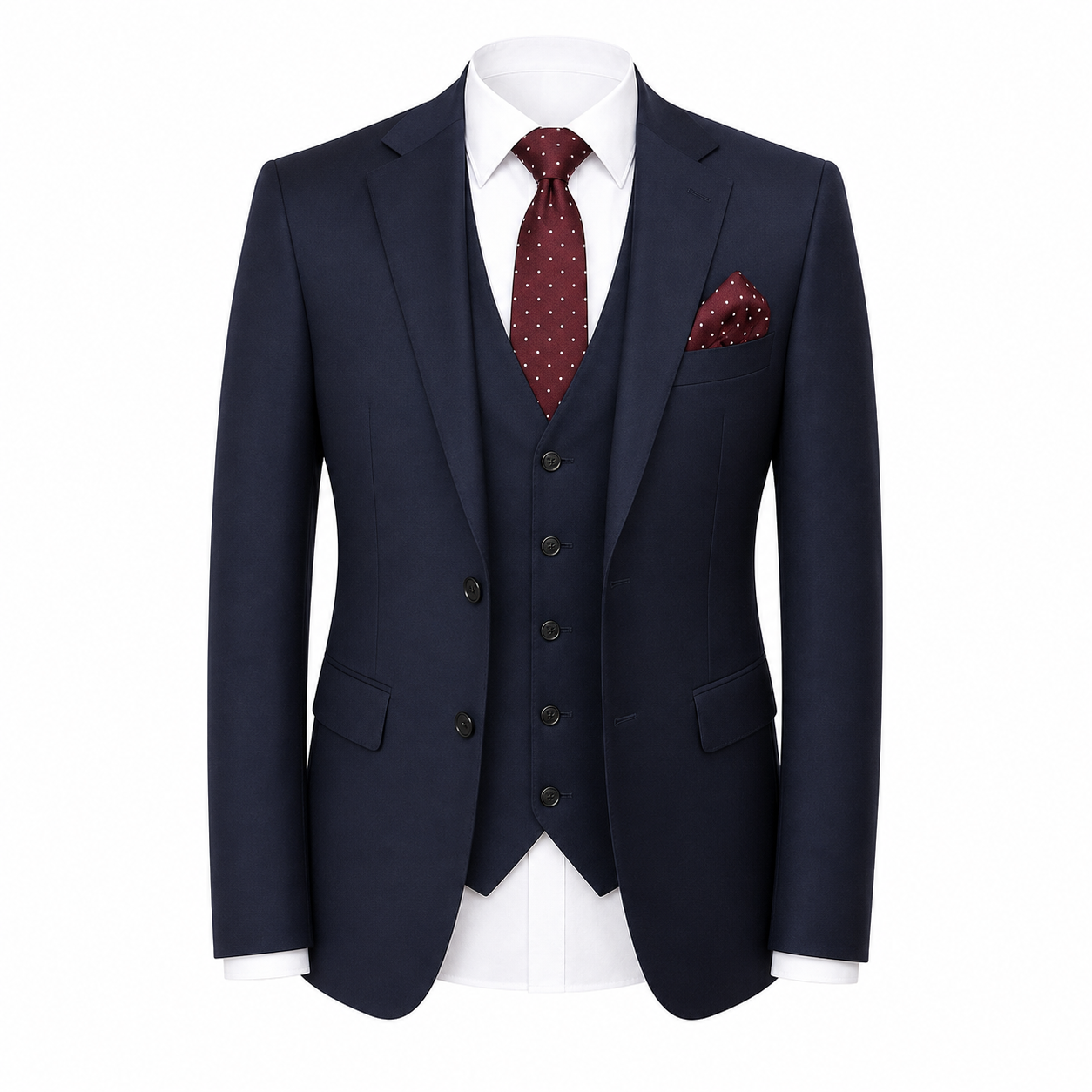 Premium Navy Blue 3-Piece Suit with Burgundy Tie & Pocket Square