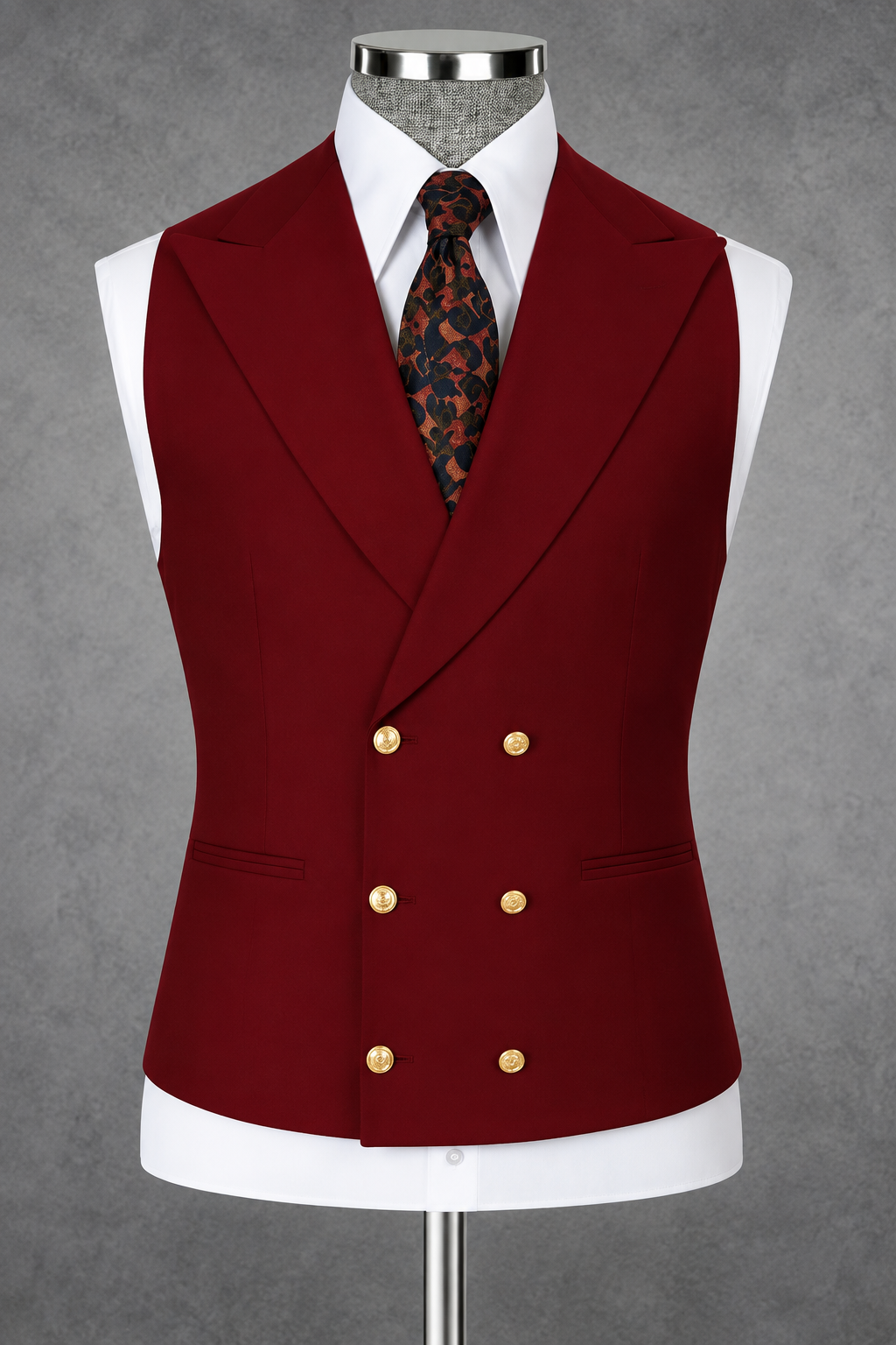 Burgundy Double-Breasted Peak Lapel Waistcoat