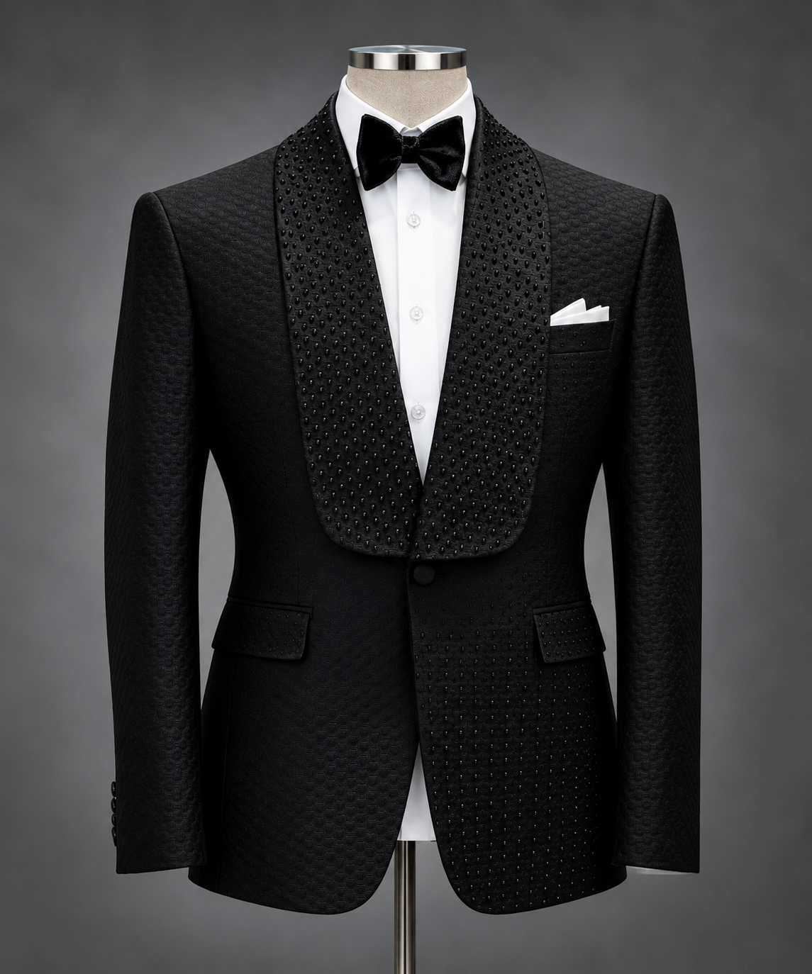 Black Textured Tuxedo with Shawl Lapel