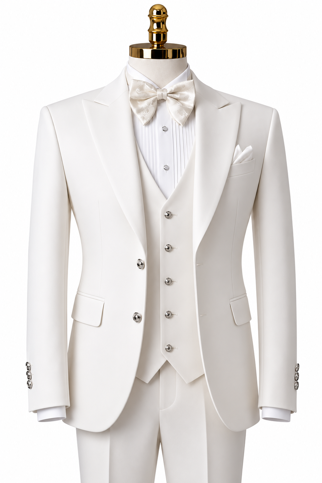3-Piece White Suit with Peak Lapel