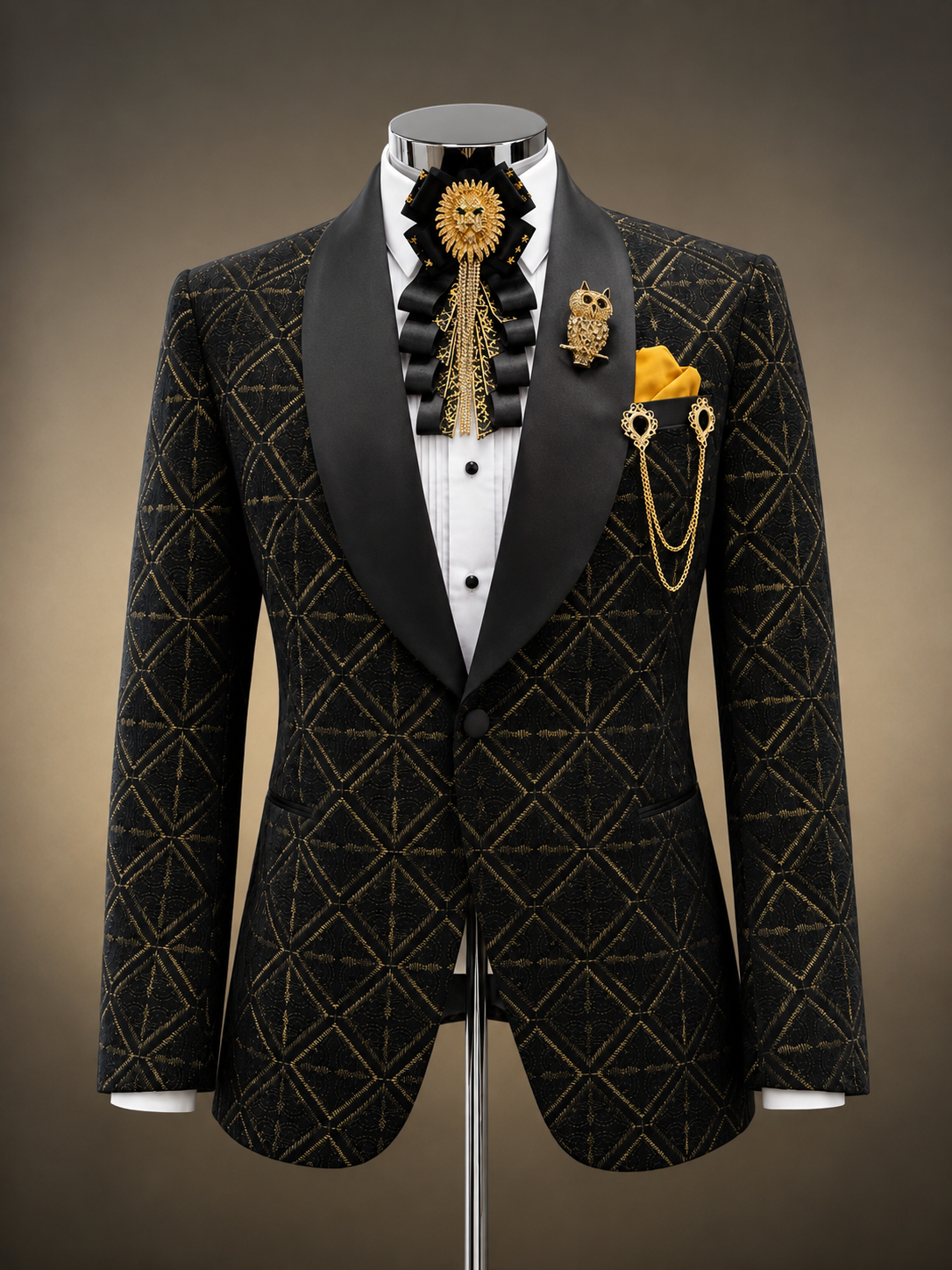 Black Gold Brocade Shawl Lapel Tuxedo