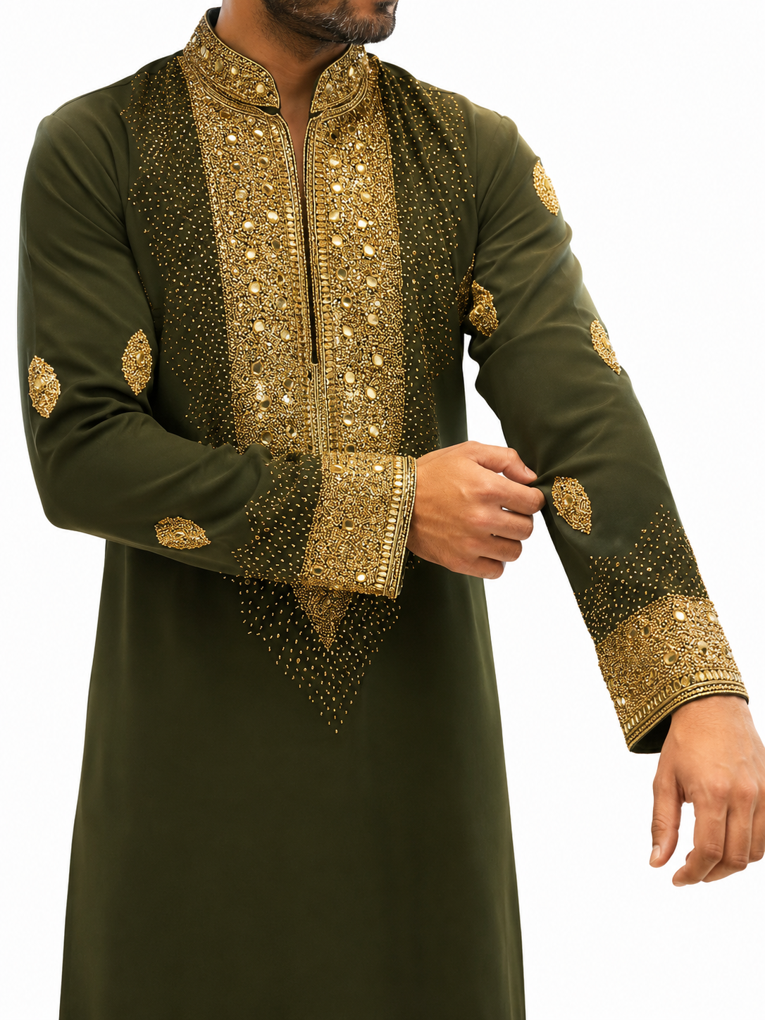 Olive Green Gold Embroidered Men’s Sherwani