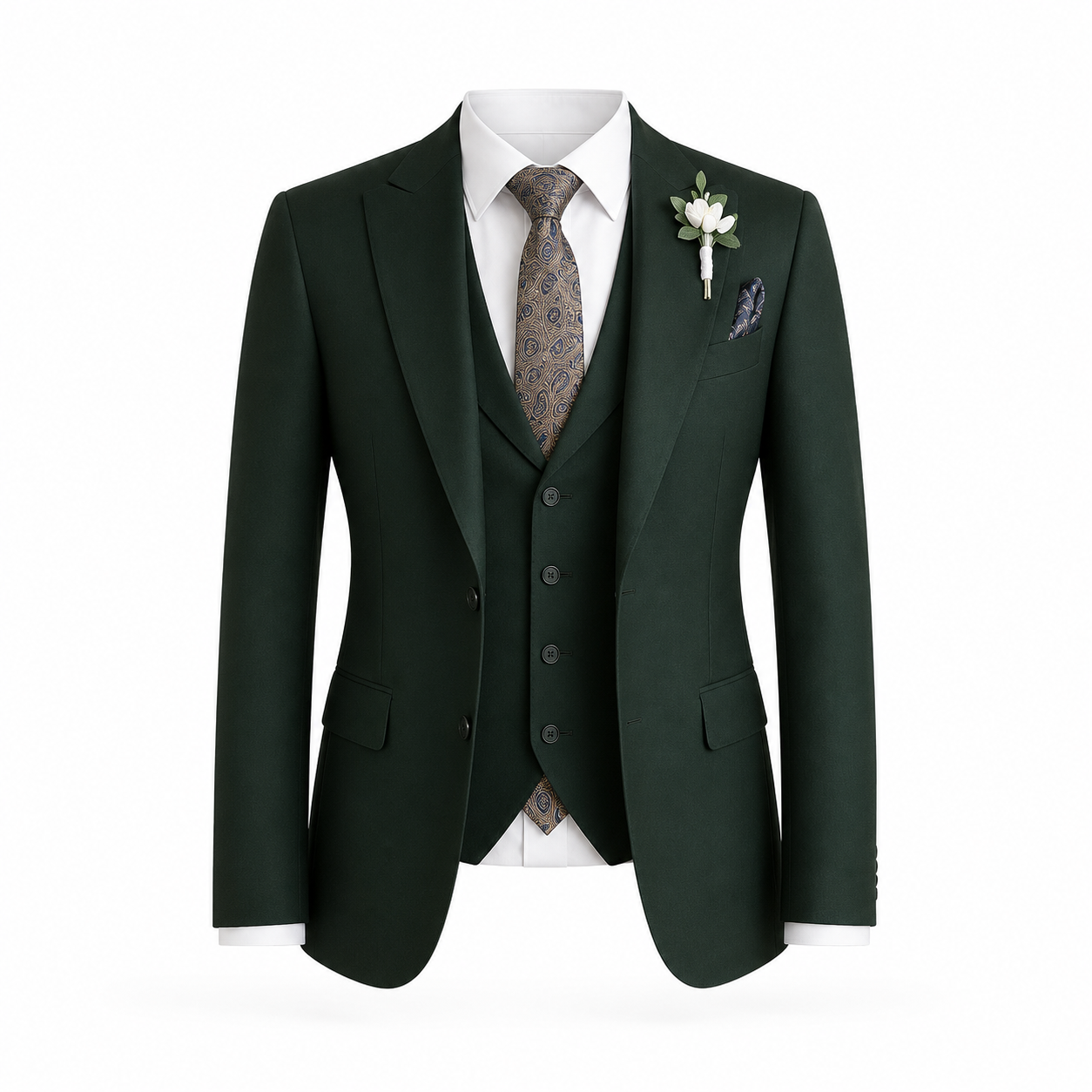 Men's Dark Green 3-Piece Suit with Paisley Tie & Waistcoat
