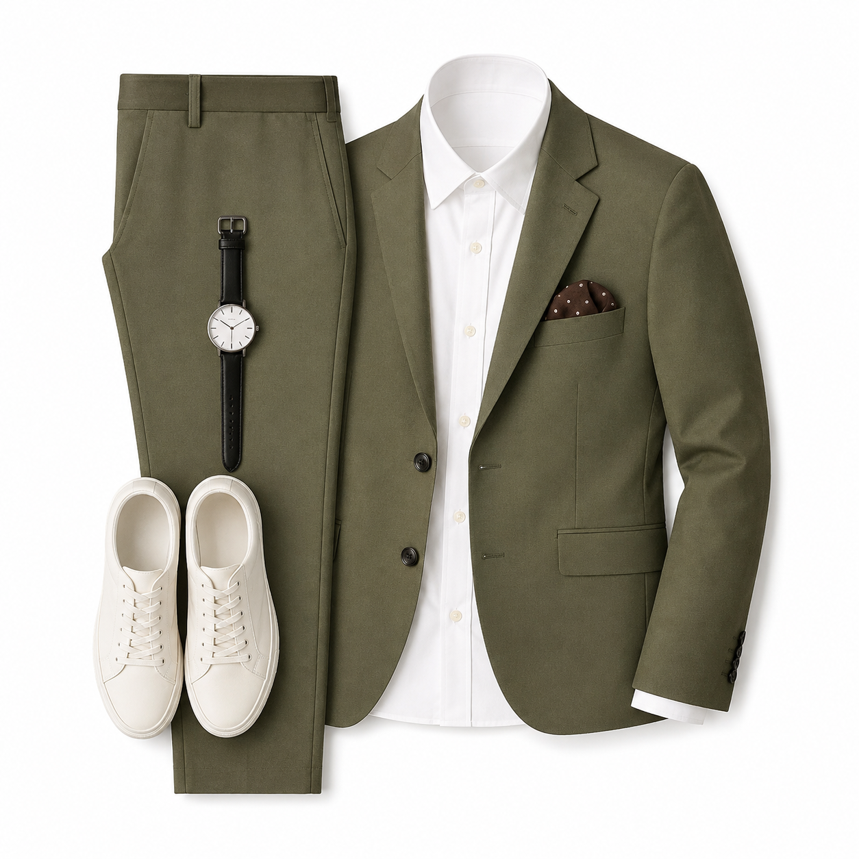 Men’s Olive Green Suit Set with White Shirt & Sneakers