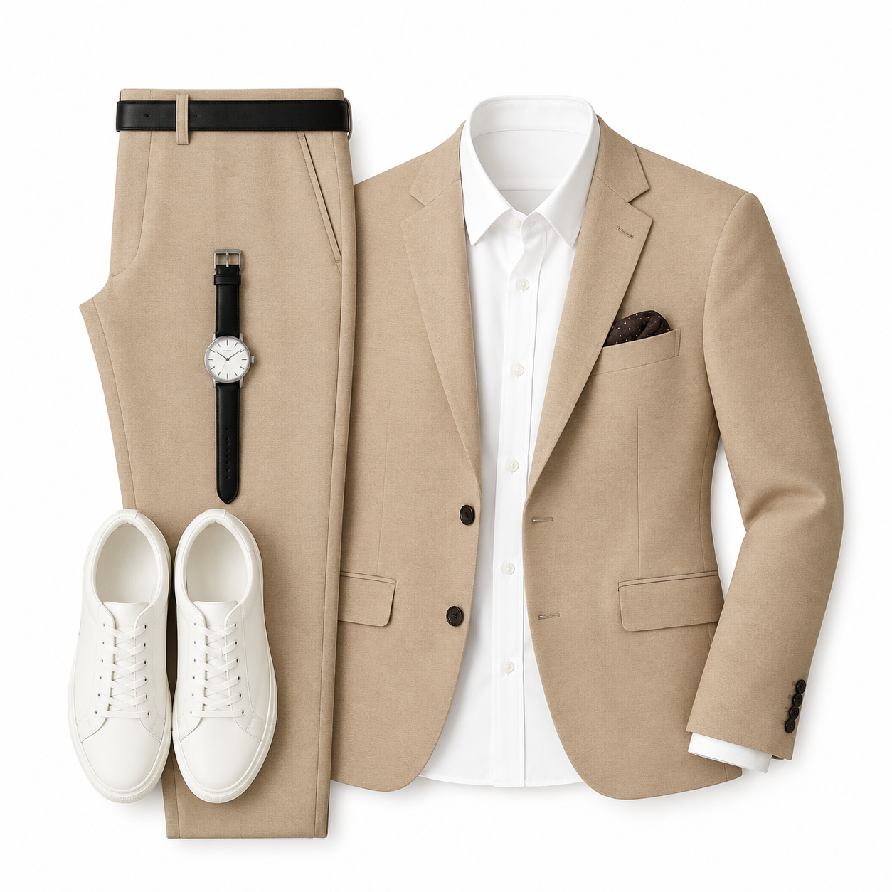 Men’s Beige Suit Set with White Shirt & Sneakers