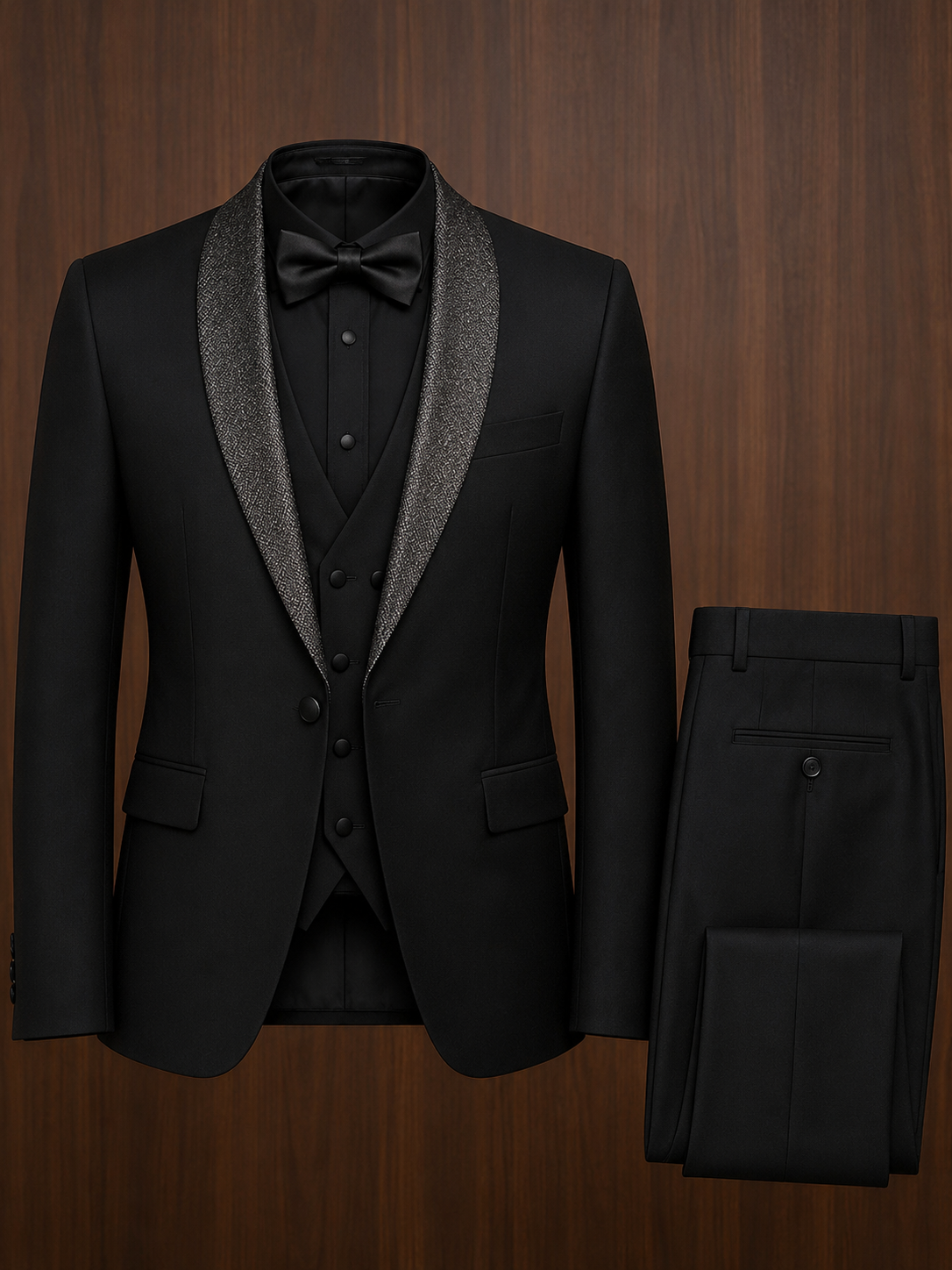 Black Tuxedo Suit with Silver Textured Shawl Lapel