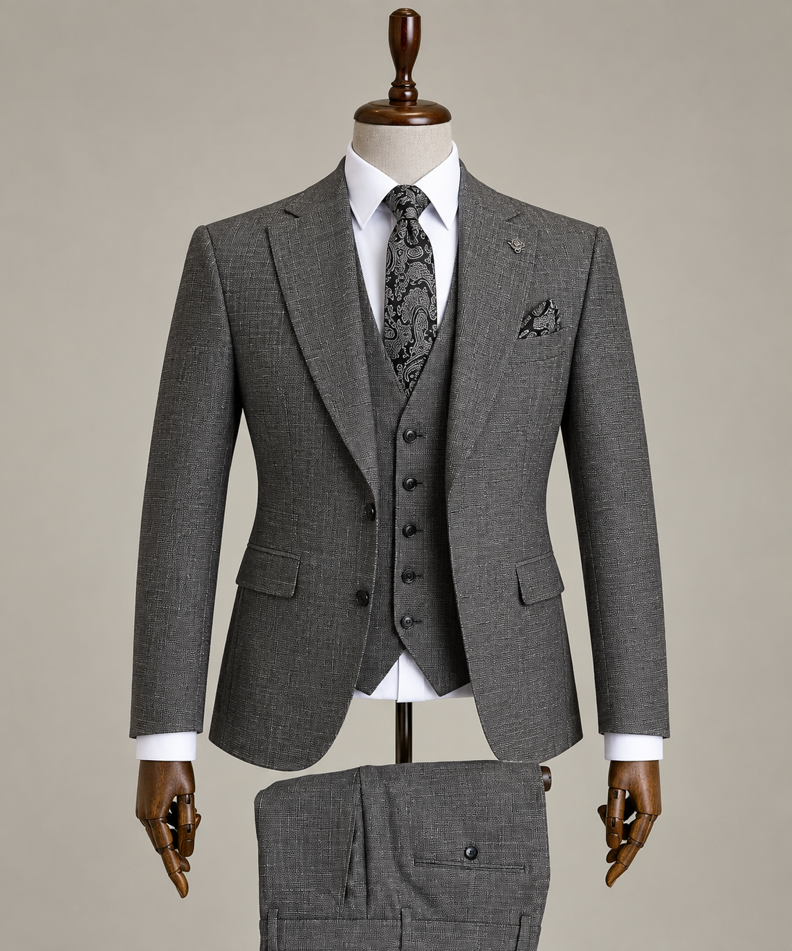 Men’s Charcoal Grey 3-Piece Suit with Paisley Tie