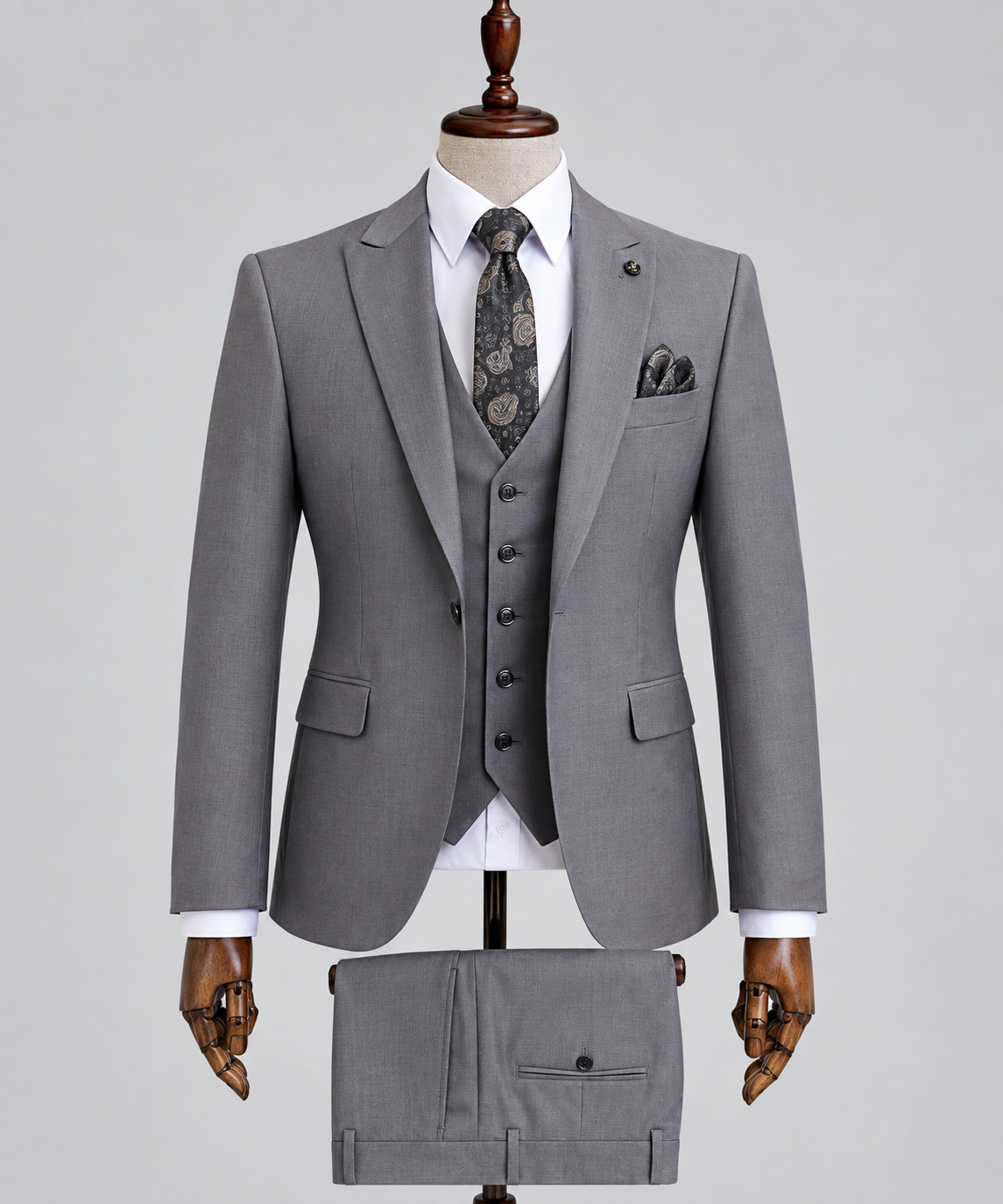 Men’s Light Grey 3-Piece Suit with Paisley Tie