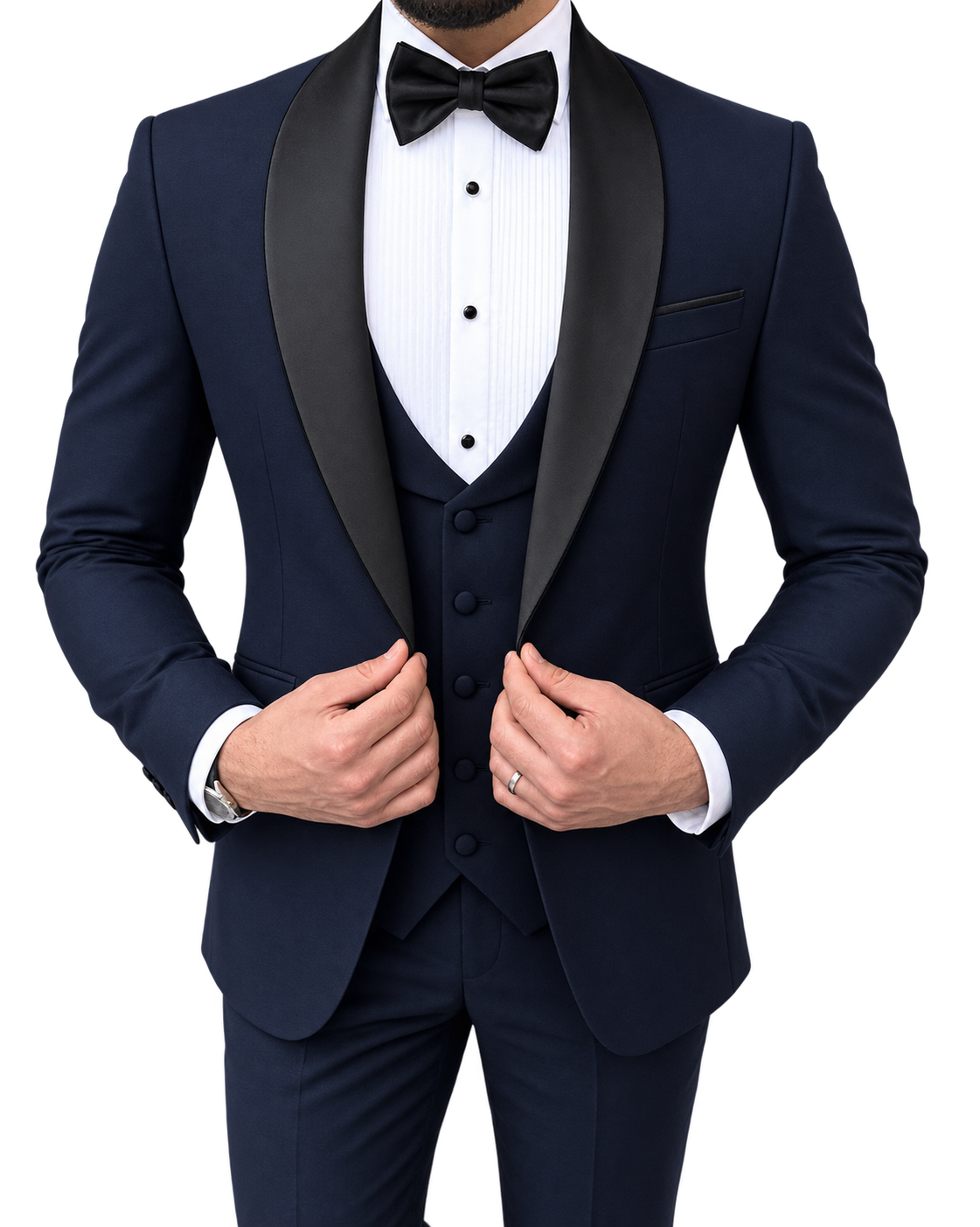 Men’s Navy Blue 3-Piece Tuxedo Suit with Satin Shawl Lapels
