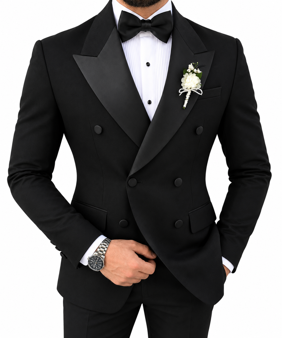 Men’s Black Double-Breasted Tuxedo Suit with Satin Peak Lapels