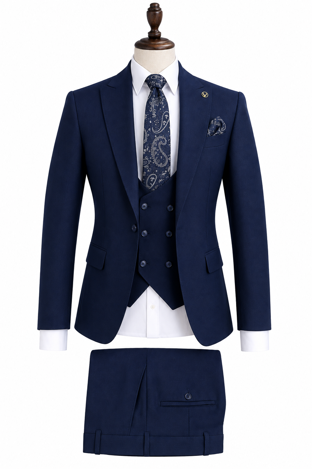 Men’s Navy Blue 3-Piece Suit with Paisley Tie