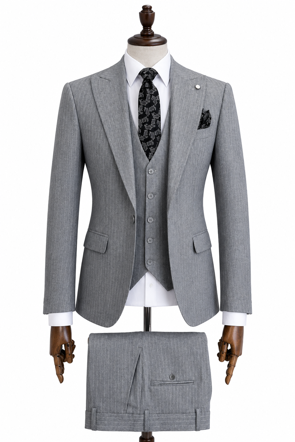 Men’s Gray Pinstripe 3-Piece Suit with Paisley Tie