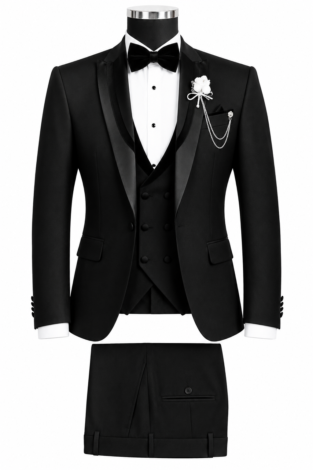 Black Luxury Tuxedo 3-Piece Suit with Satin Shawl Lapel