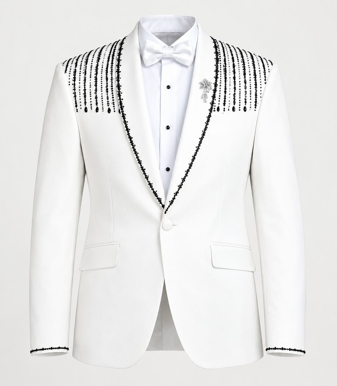 White Luxury Beaded Tuxedo Jacket