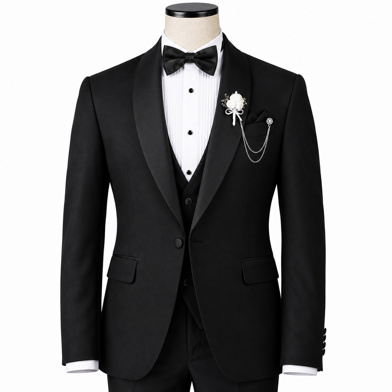 Premium Black Classic Tuxedo Suit with Bow Tie & Brooch Chain