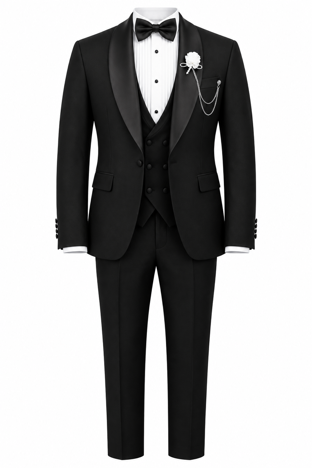 Premium Black 3-Piece Tuxedo Suit with Bow Tie & Chain Brooch