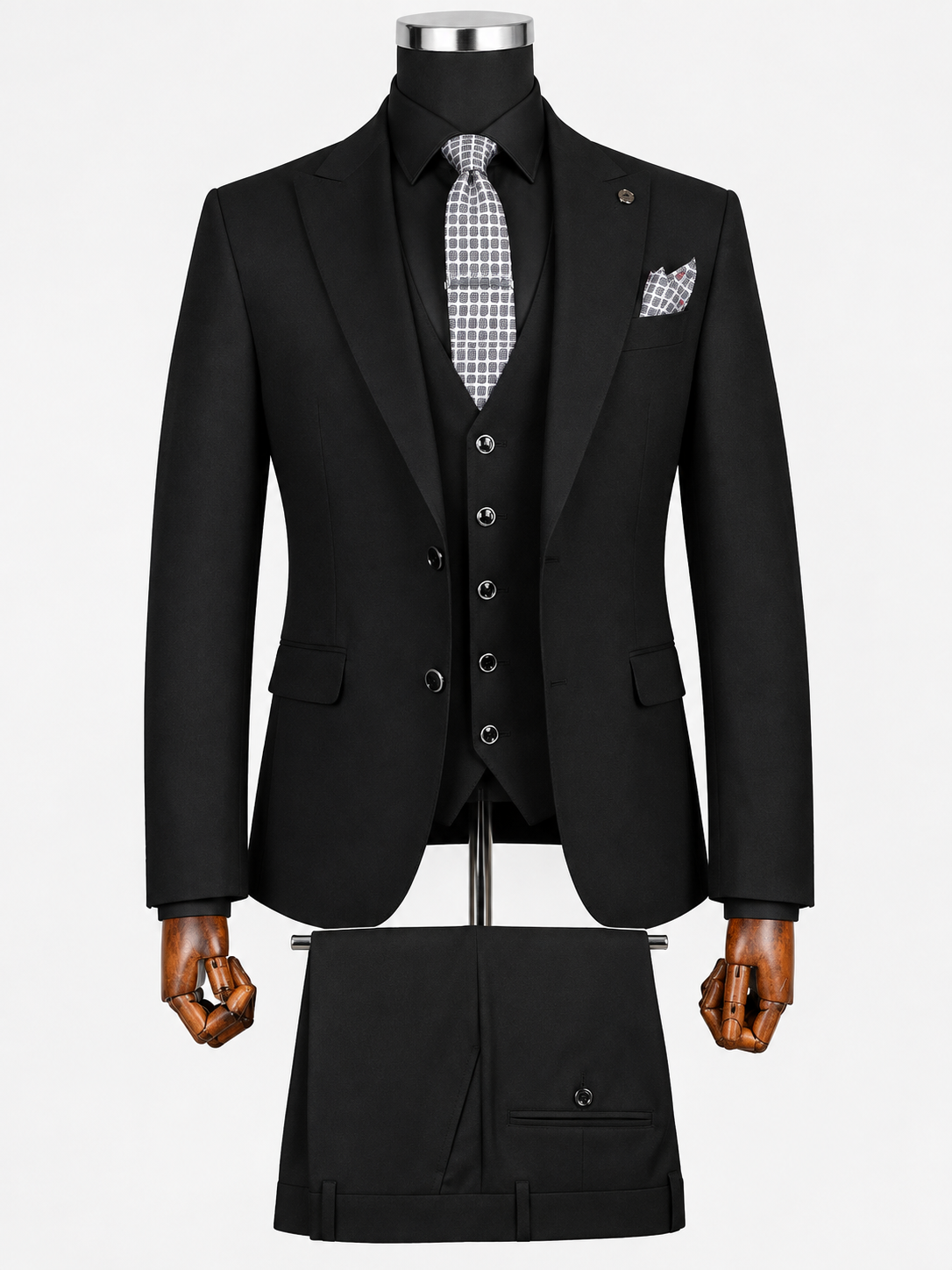 Black 3-Piece Suit with Silver Geometric Tie