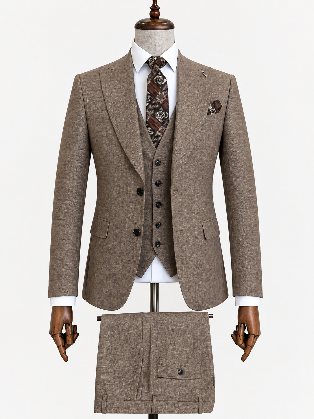 Taupe Brown 3-Piece Suit with Patterned Tie