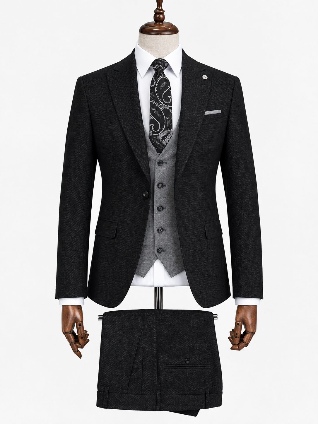 Black 3-Piece Suit with Grey Waistcoat and Paisley Tie