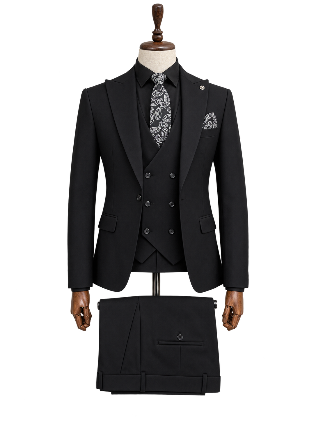 Men’s Premium Black 3-Piece Suit with Paisley Tie