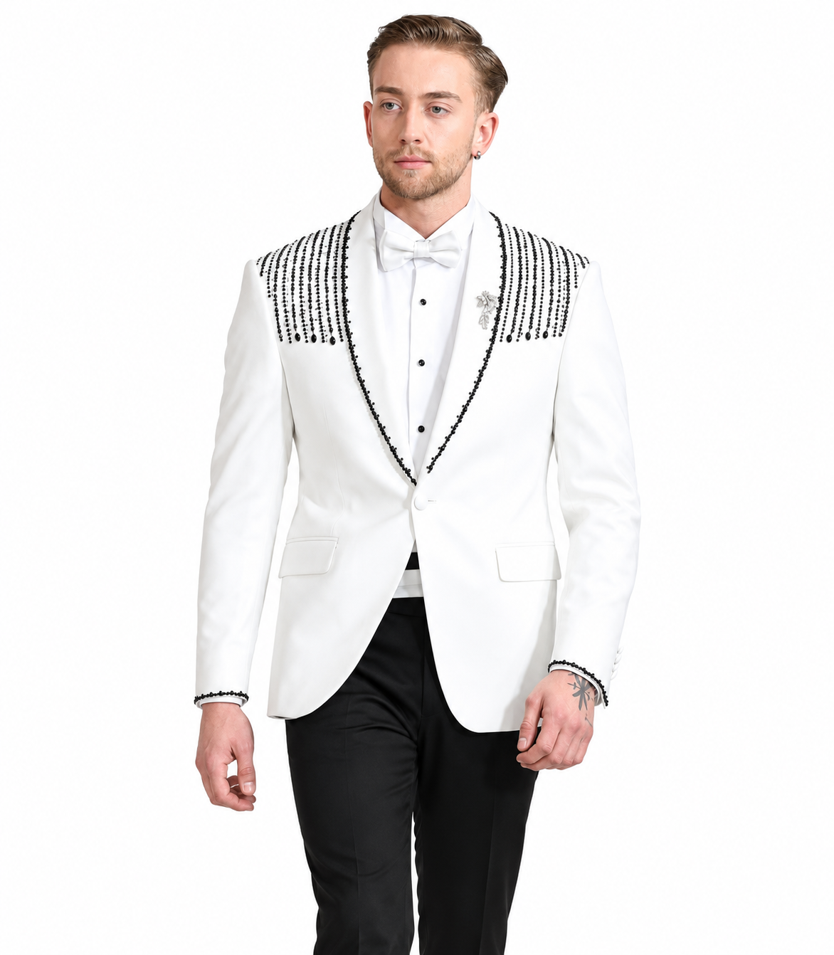 White Black-Trimmed Tuxedo Jacket