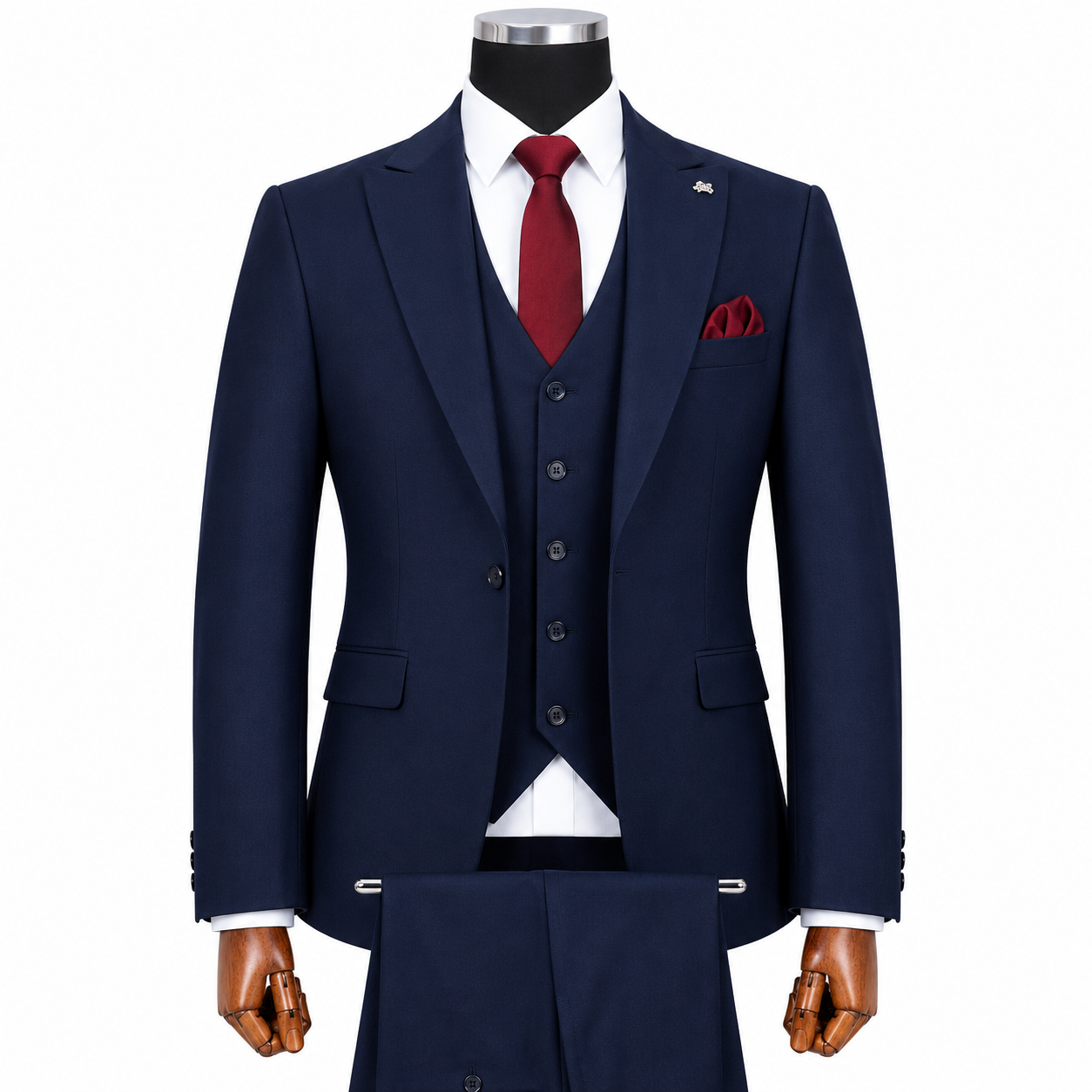 Navy Blue 3-Piece Suit with Burgundy Accents