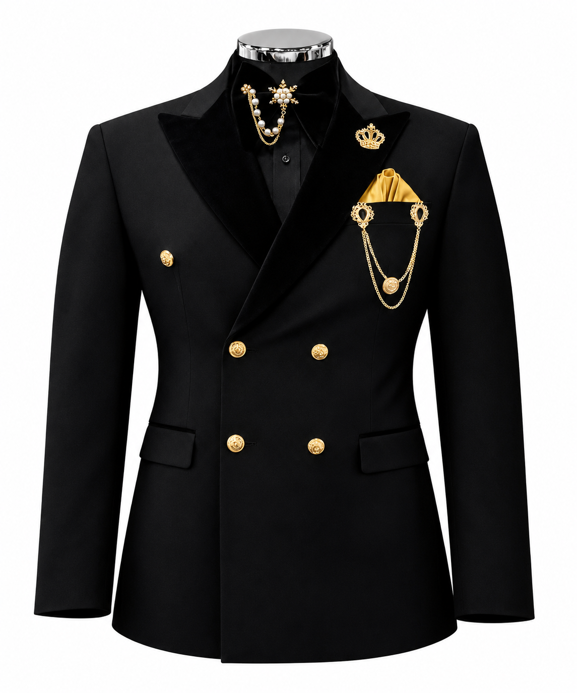 Royal Black Velvet Lapel Double-Breasted Blazer
