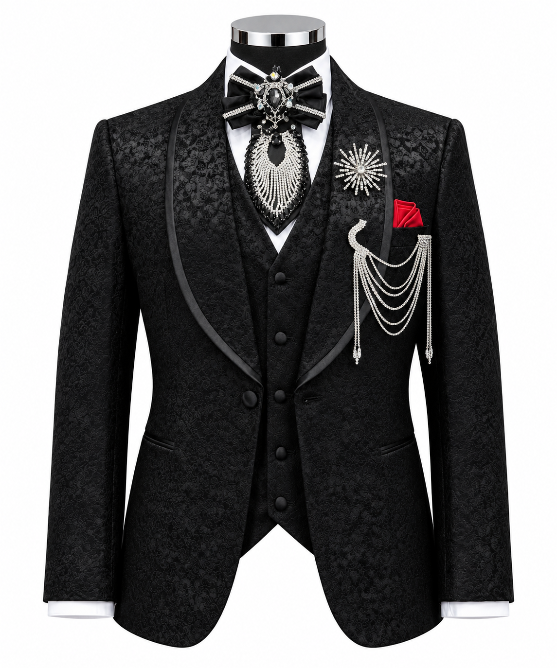 Black Jacquard Tuxedo Jacket with Matching Waistcoat